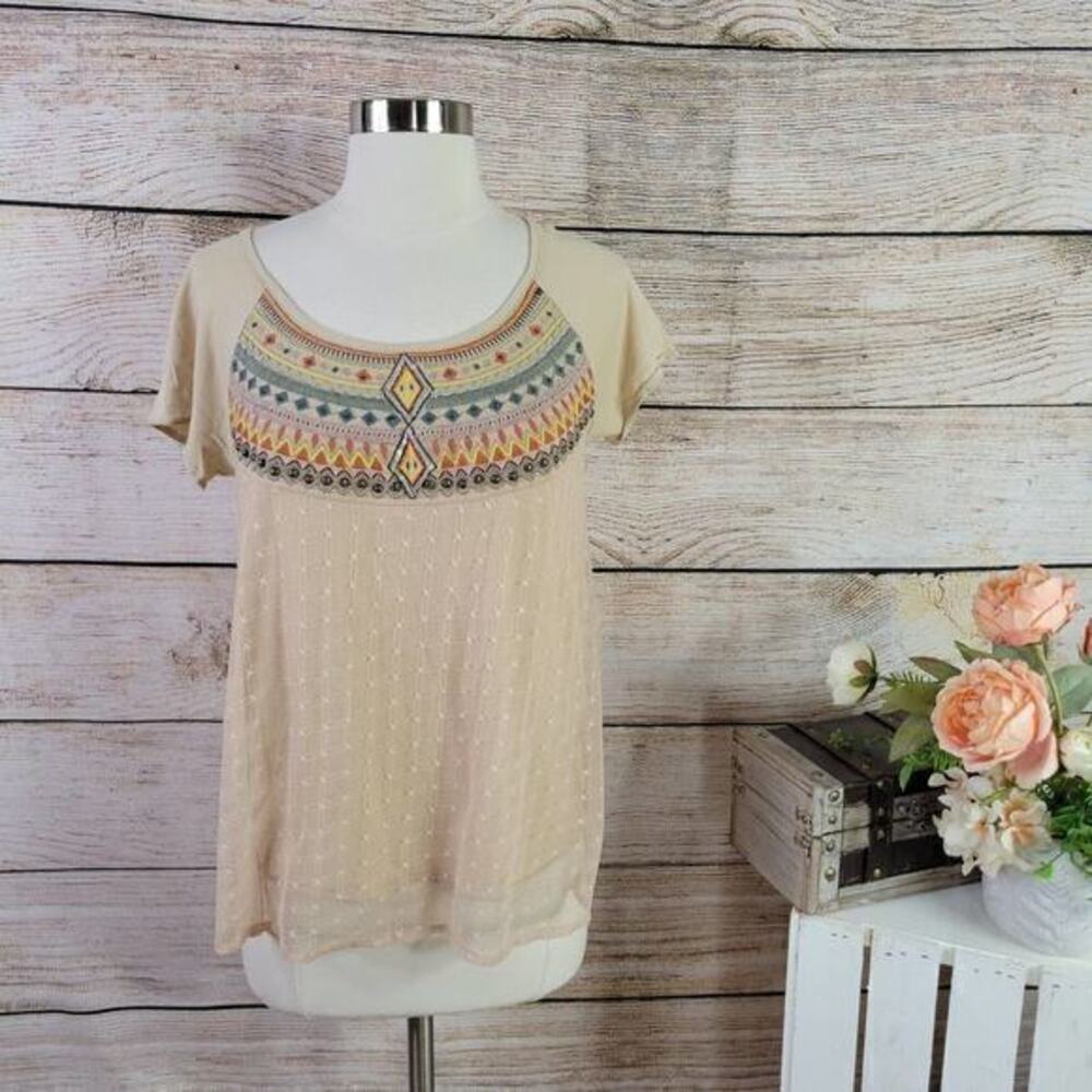 5/$25 Anthropologie Women’s Lilka Beaded Mesh Overlay‎ Top Tan Size Extra Small